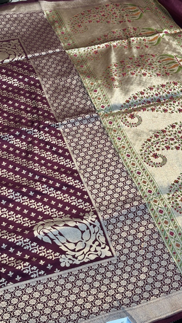 Wine Pure Banarasi Katan Silk Handwoven Saree