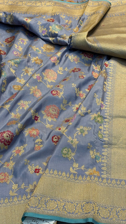 Steel Blue Pure Banarasi Katan Silk Handwoven Saree