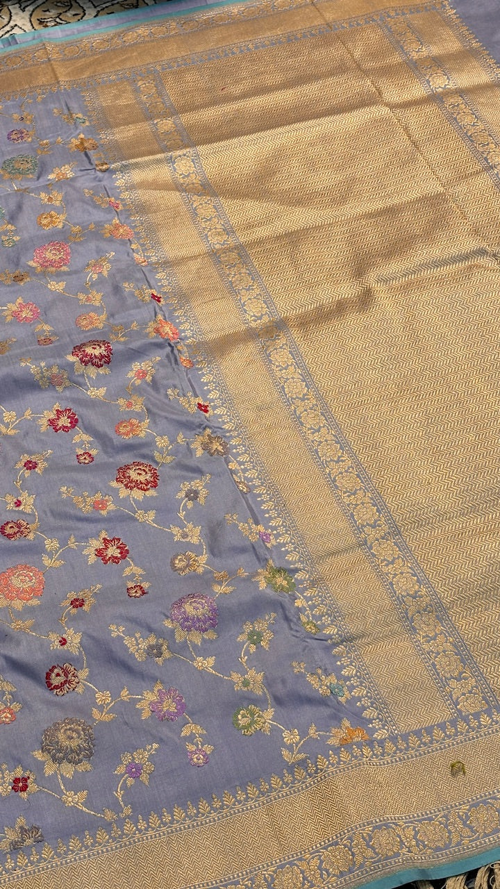Steel Blue Pure Banarasi Katan Silk Handwoven Saree