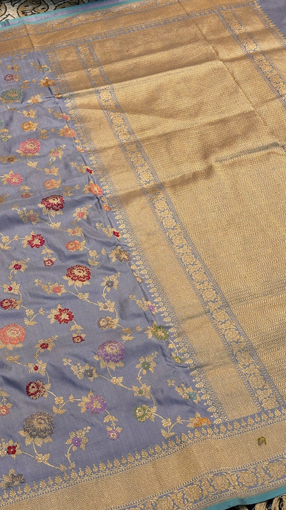 Steel Blue Pure Banarasi Katan Silk Handwoven Saree