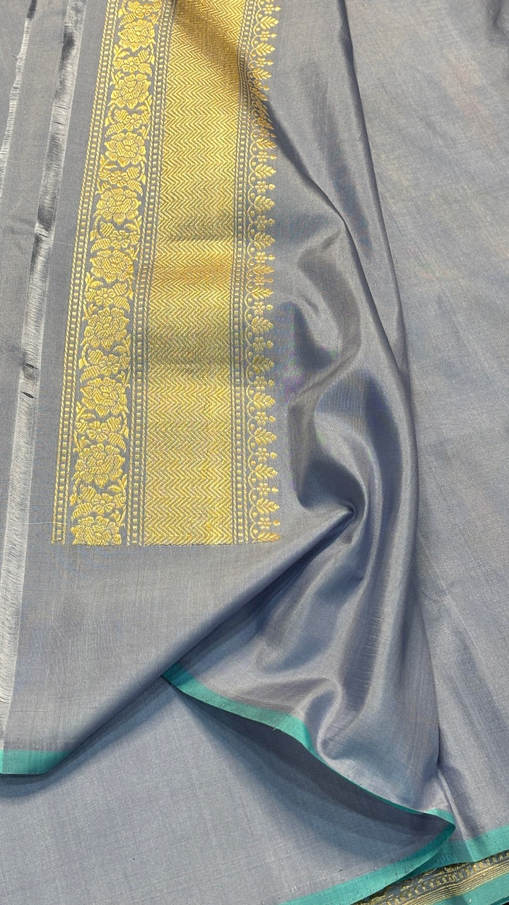Steel Blue Pure Banarasi Katan Silk Handwoven Saree