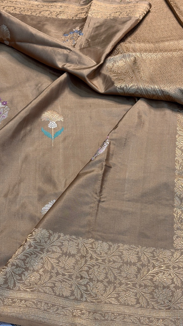 Mocha Taupe Pure Banarasi Katan Silk Handwoven Saree