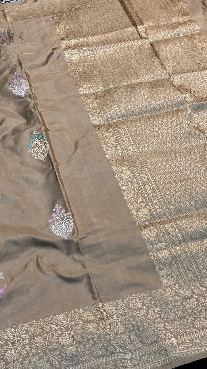 Mocha Taupe Pure Banarasi Katan Silk Handwoven Saree