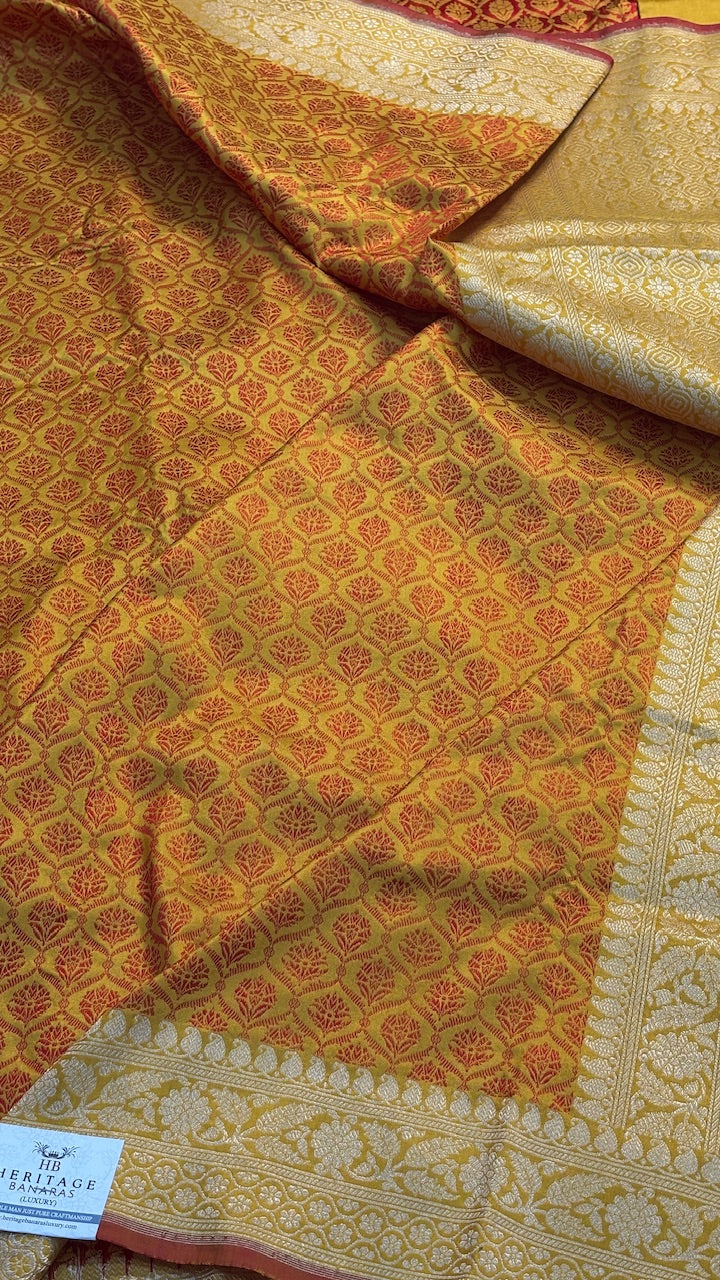 Musterd Yellow Pure Banarasi Tanchoi Katan Silk Handwoven Saree