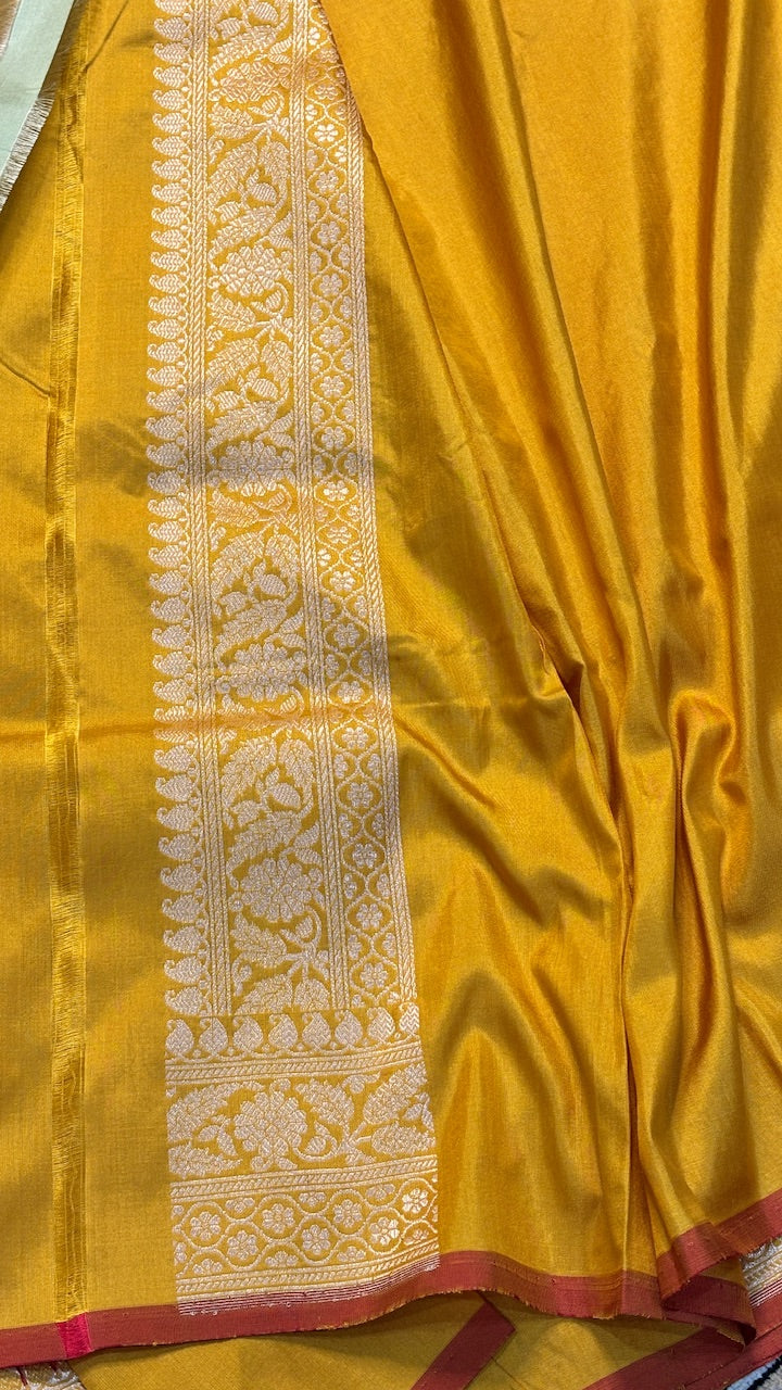 Musterd Yellow Pure Banarasi Tanchoi Katan Silk Handwoven Saree