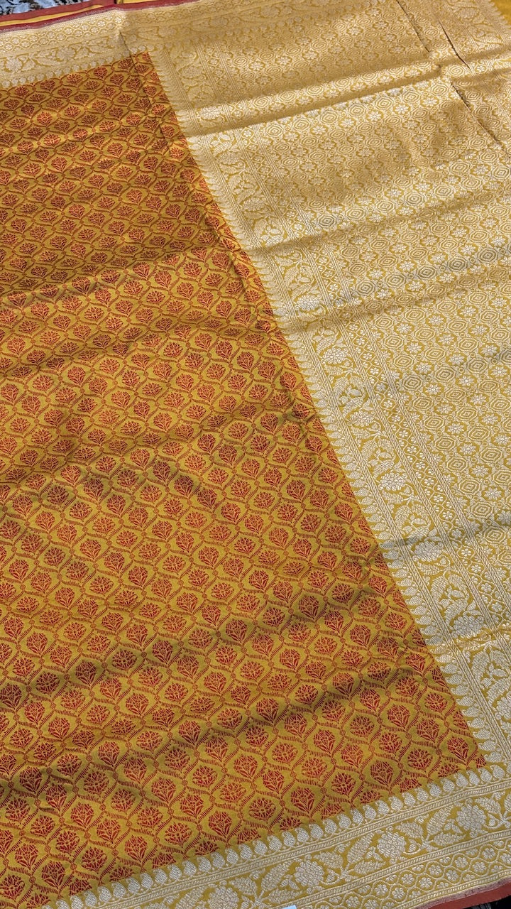Musterd Yellow Pure Banarasi Tanchoi Katan Silk Handwoven Saree