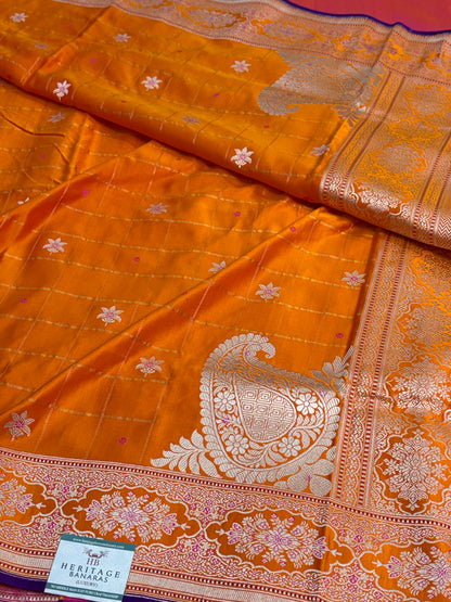Orange Handwoven Pure Banarasi Satin Silk Saree