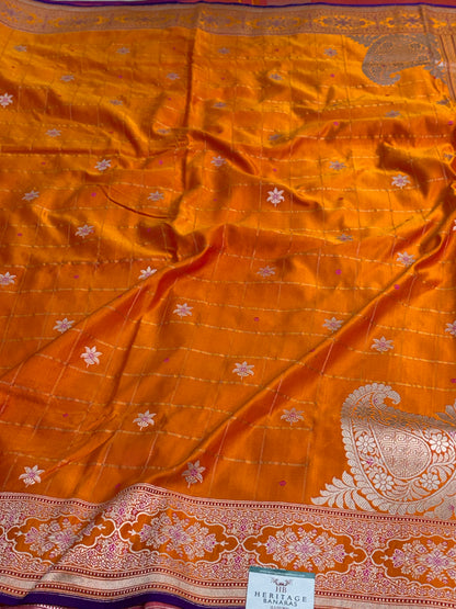 Orange Handwoven Pure Banarasi Satin Silk Saree