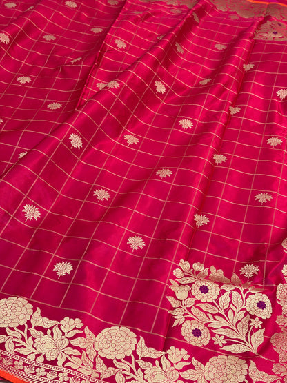 Rani Pink Handwoven Pure Banarasi Satin Silk Saree