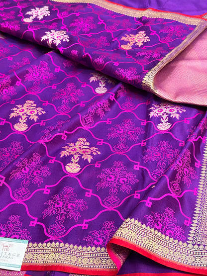 Purple Handwoven Pure Banarasi Satin Tanchoi Saree