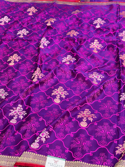 Purple Handwoven Pure Banarasi Satin Tanchoi Saree