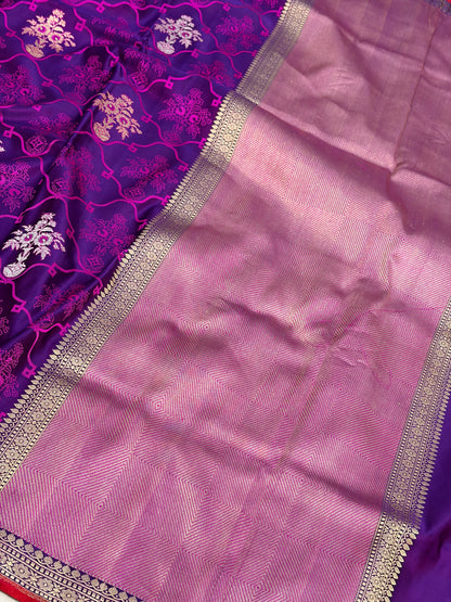 Purple Handwoven Pure Banarasi Satin Tanchoi Saree