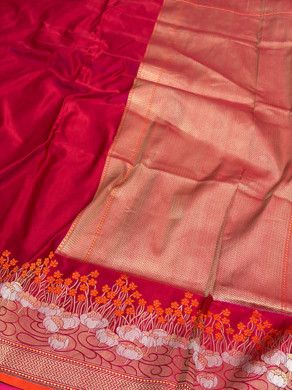 Red Handwoven Pure Banarasi Satin Silk Saree