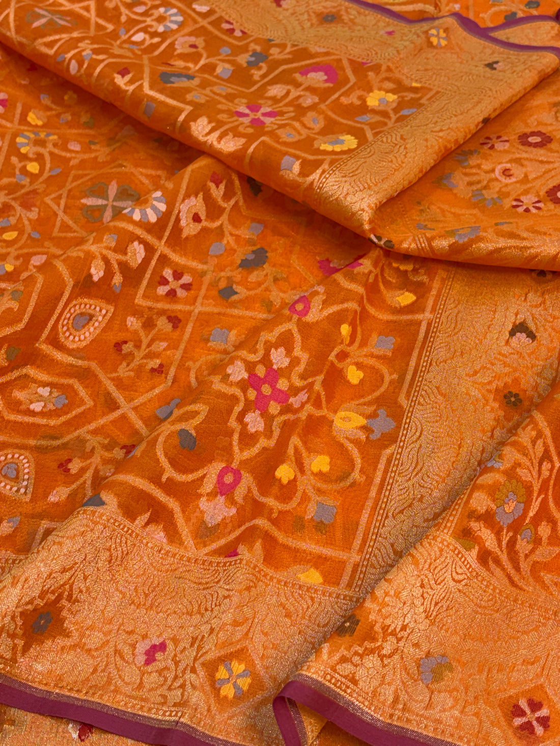 Fanta Orange Handwoven Pure Banarasi Kora Jamdani Saree