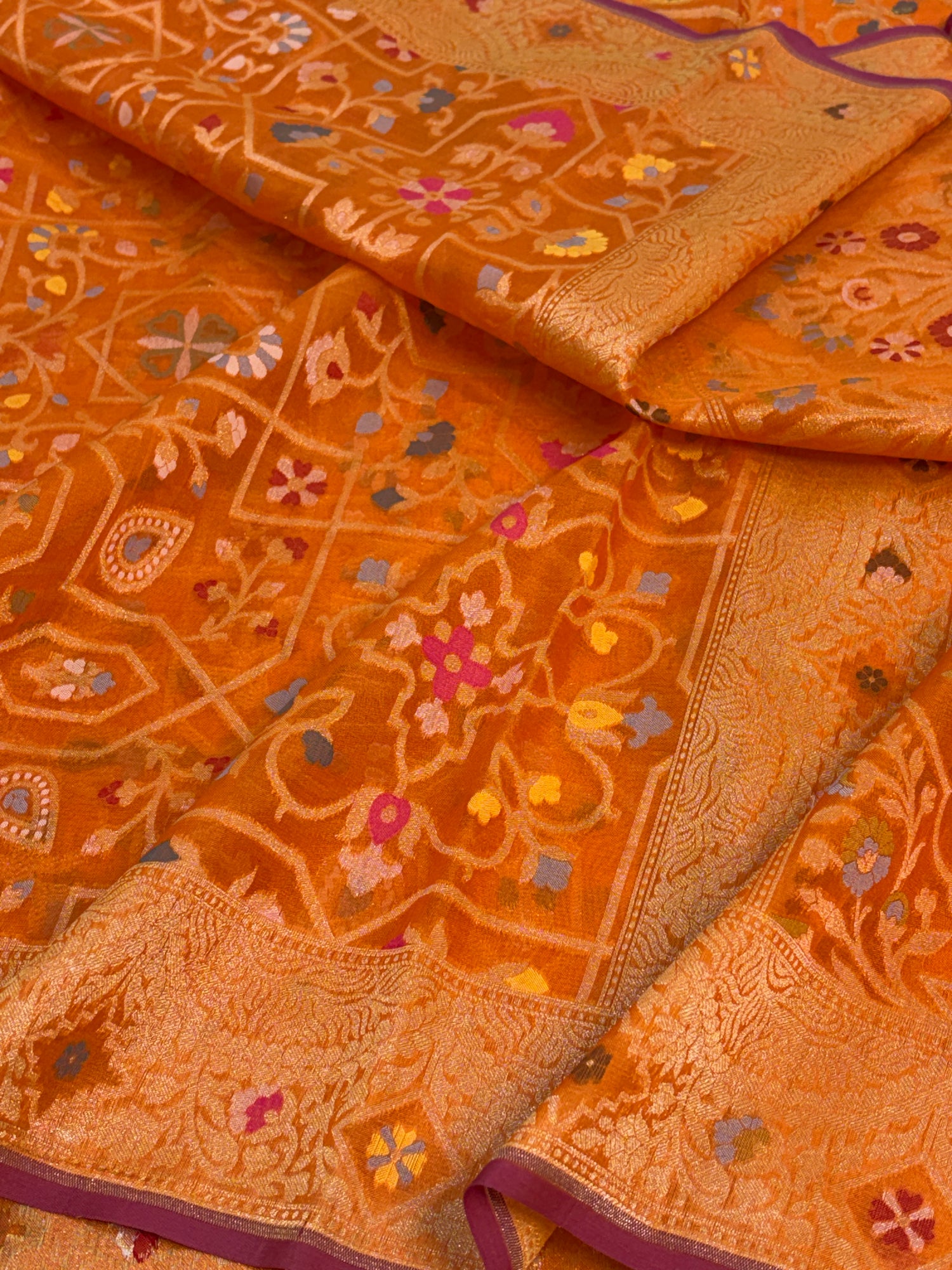 Fanta Orange Handwoven Pure Banarasi Kora Jamdani Saree