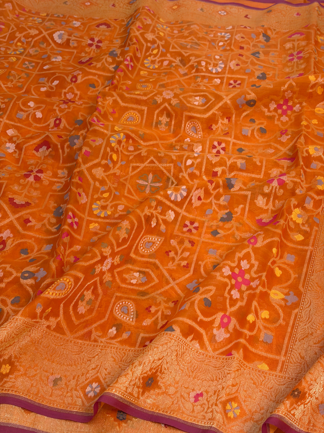 Fanta Orange Handwoven Pure Banarasi Kora Jamdani Saree
