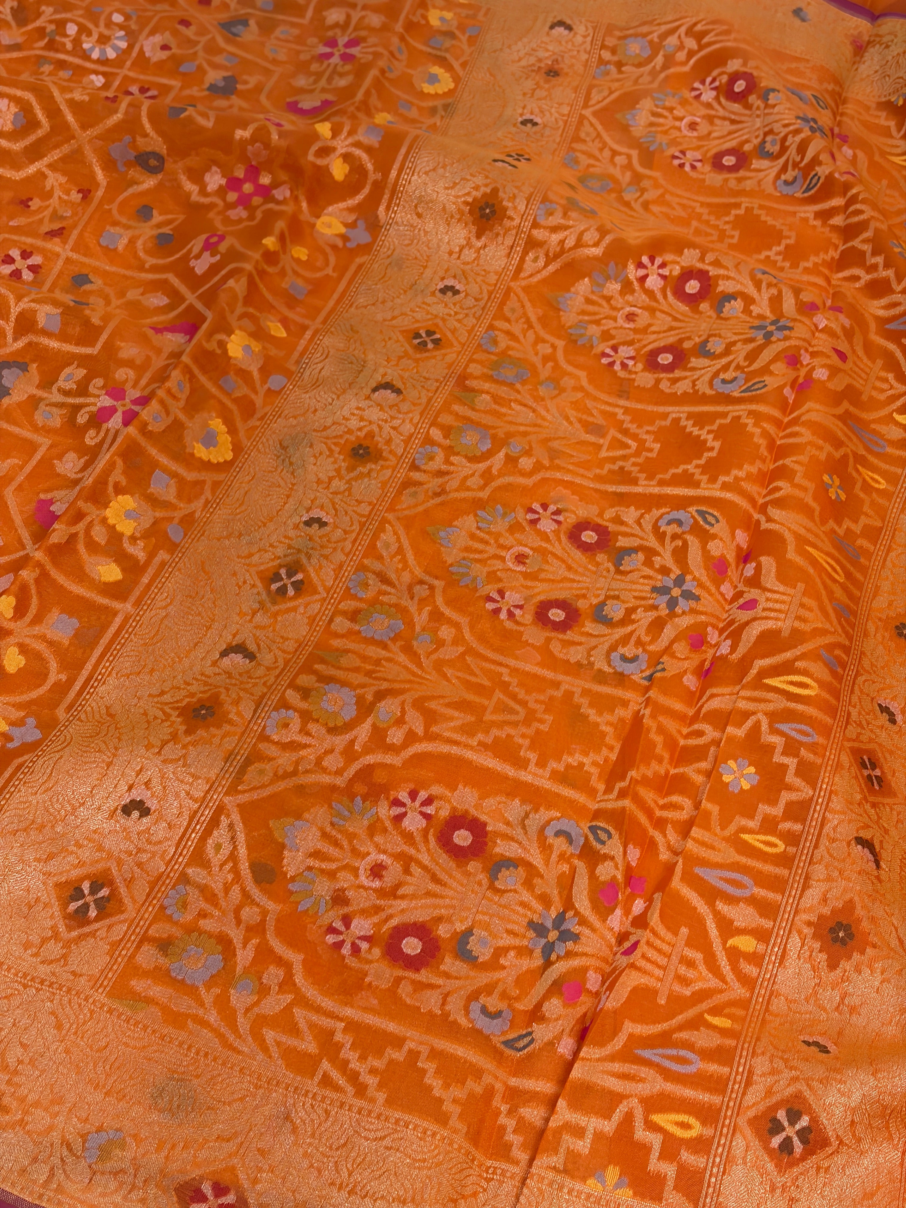 Fanta Orange Handwoven Pure Banarasi Kora Jamdani Saree
