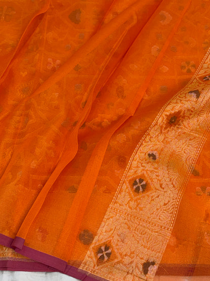 Fanta Orange Handwoven Pure Banarasi Kora Jamdani Saree