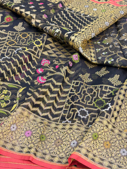 Black Handwoven Pure Banarasi Kora Jamdani Saree