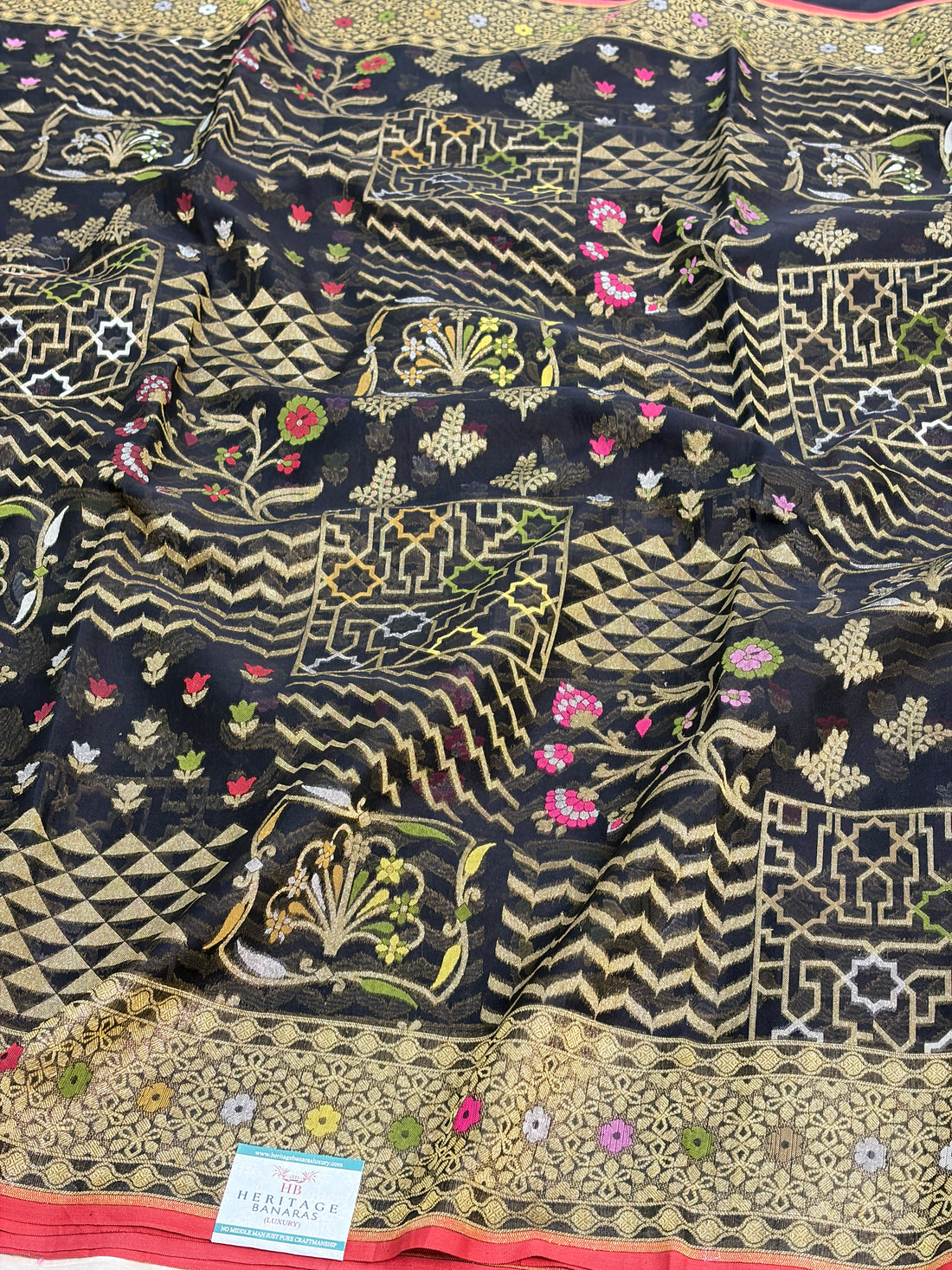 Black Handwoven Pure Banarasi Kora Jamdani Saree
