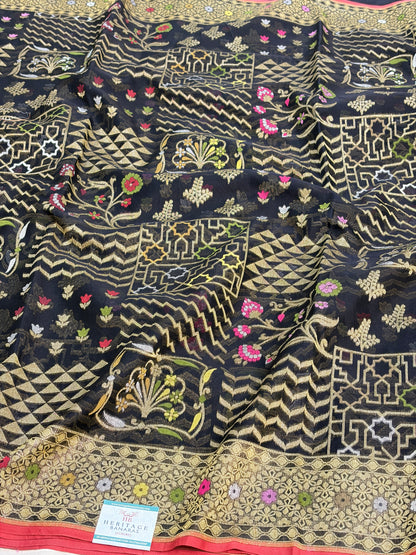Black Handwoven Pure Banarasi Kora Jamdani Saree