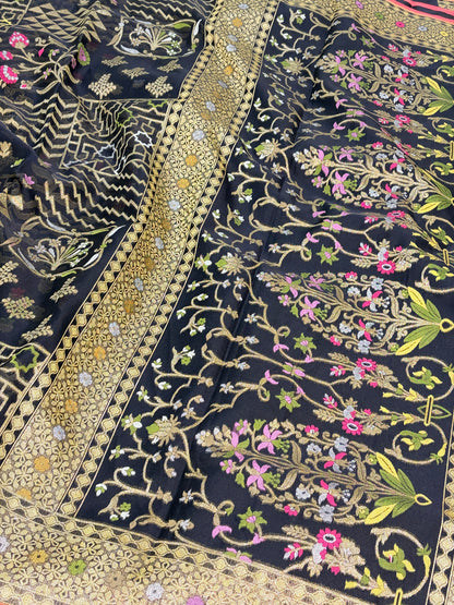 Black Handwoven Pure Banarasi Kora Jamdani Saree