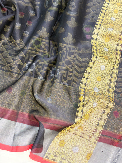 Black Handwoven Pure Banarasi Kora Jamdani Saree