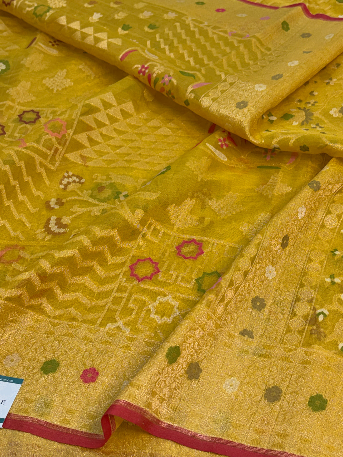Lemon Yellow Handwoven Pure Banarasi Kora Jamdani Saree