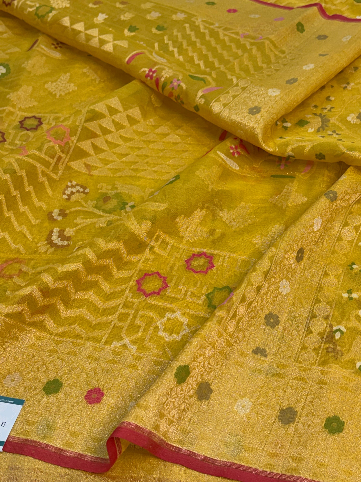 Lemon Yellow Handwoven Pure Banarasi Kora Jamdani Saree
