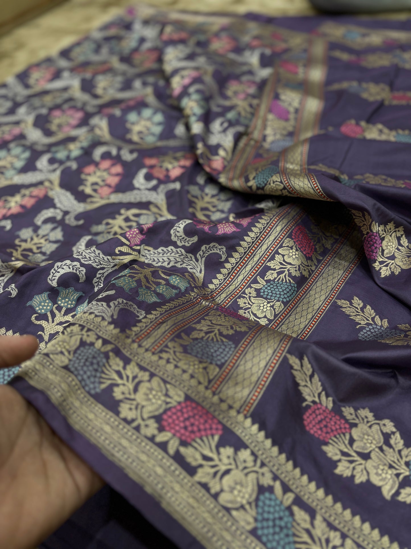 Pure Banarasi Katan Silk Saree with Rich Kadhwa Pallu and Minakari Jaal Weaving