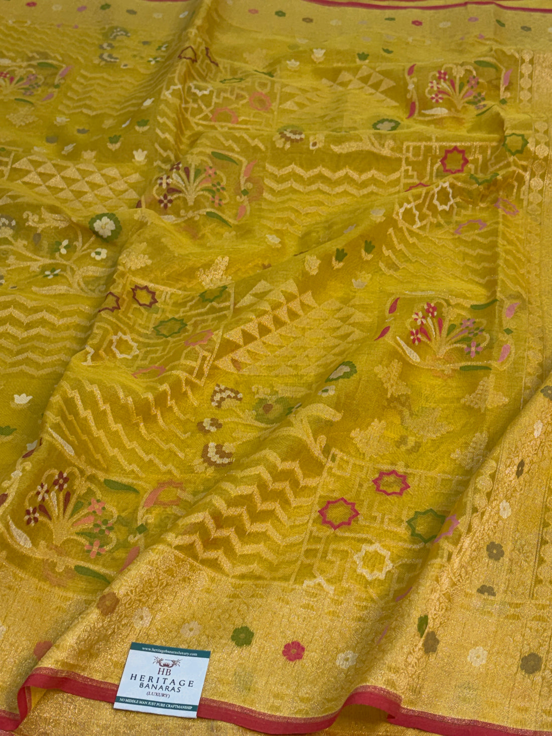 Lemon Yellow Handwoven Pure Banarasi Kora Jamdani Saree