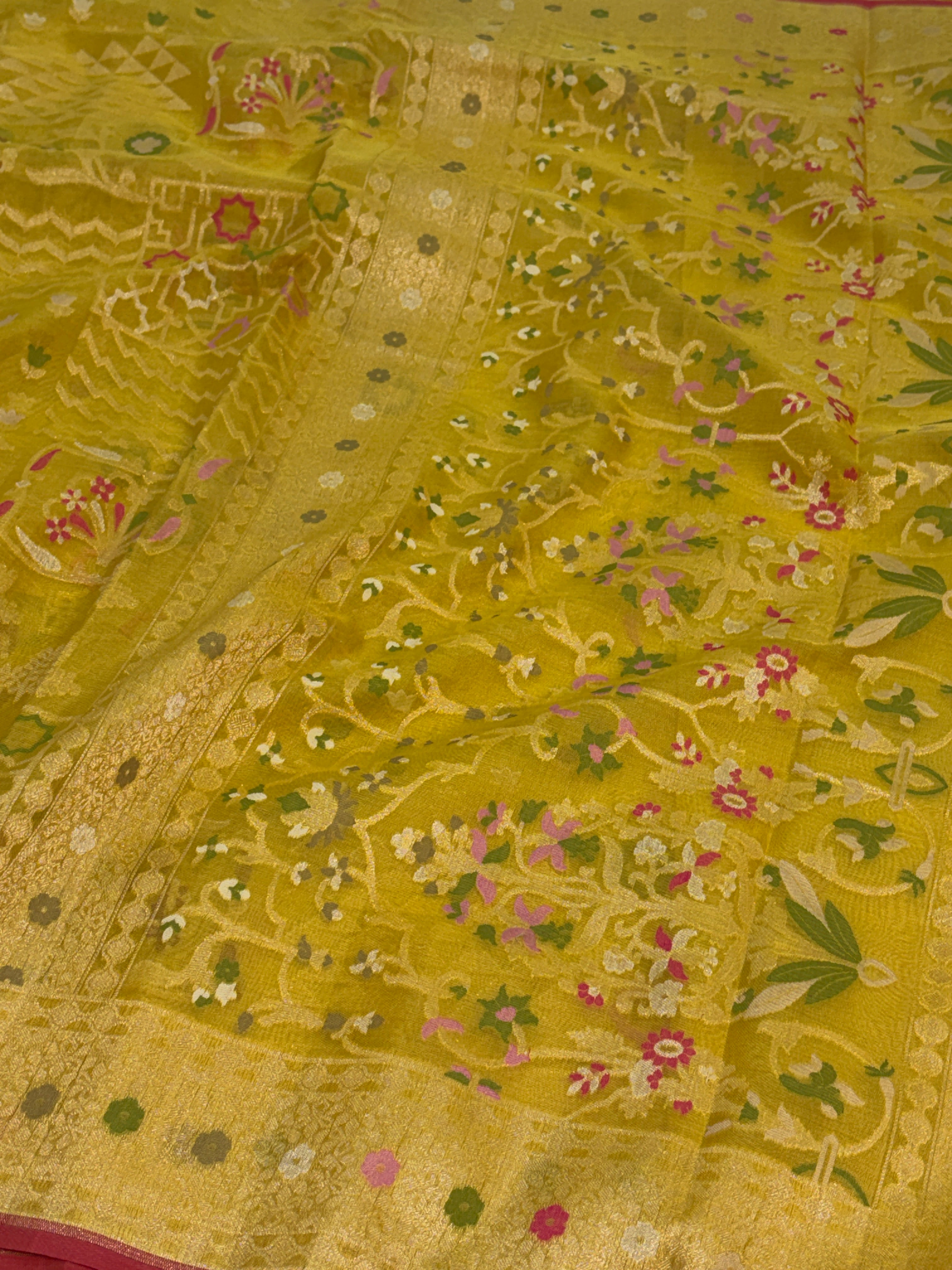 Lemon Yellow Handwoven Pure Banarasi Kora Jamdani Saree