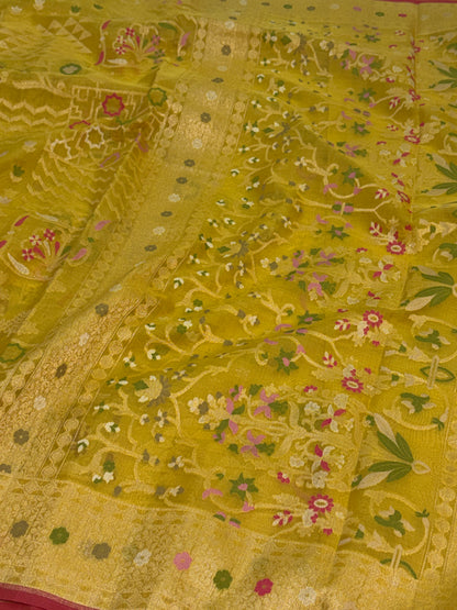 Lemon Yellow Handwoven Pure Banarasi Kora Jamdani Saree