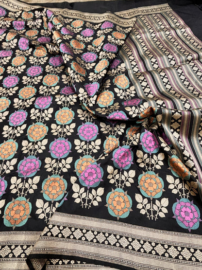 Black Pure Katan Silk Saree with Banarasi Chautera Jaal