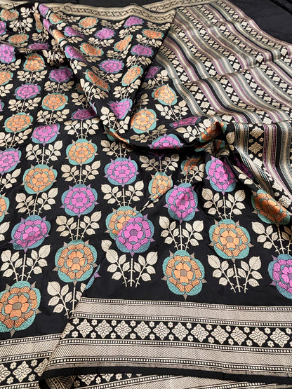 Black Pure Katan Silk Saree with Banarasi Chautera Jaal