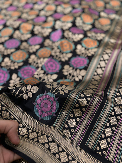 Black Pure Katan Silk Saree with Banarasi Chautera Jaal
