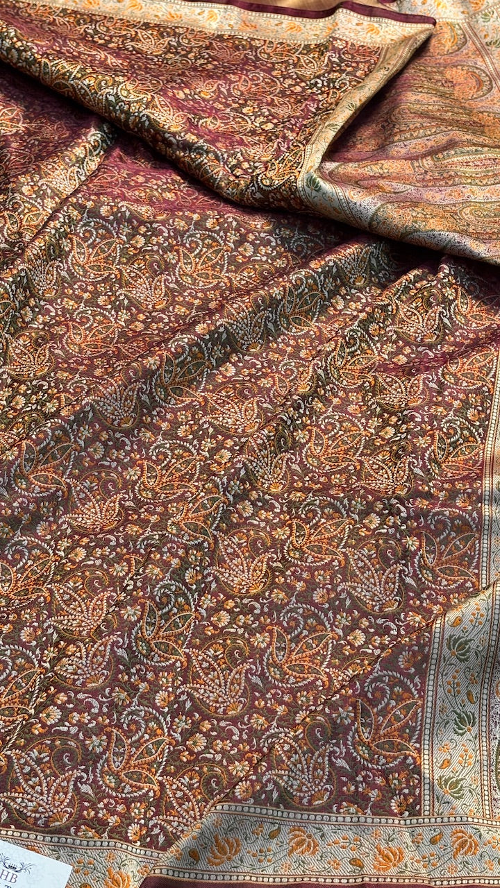 Wine Pure Satin Silk Jamawar Handwoven Banarasi Saree
