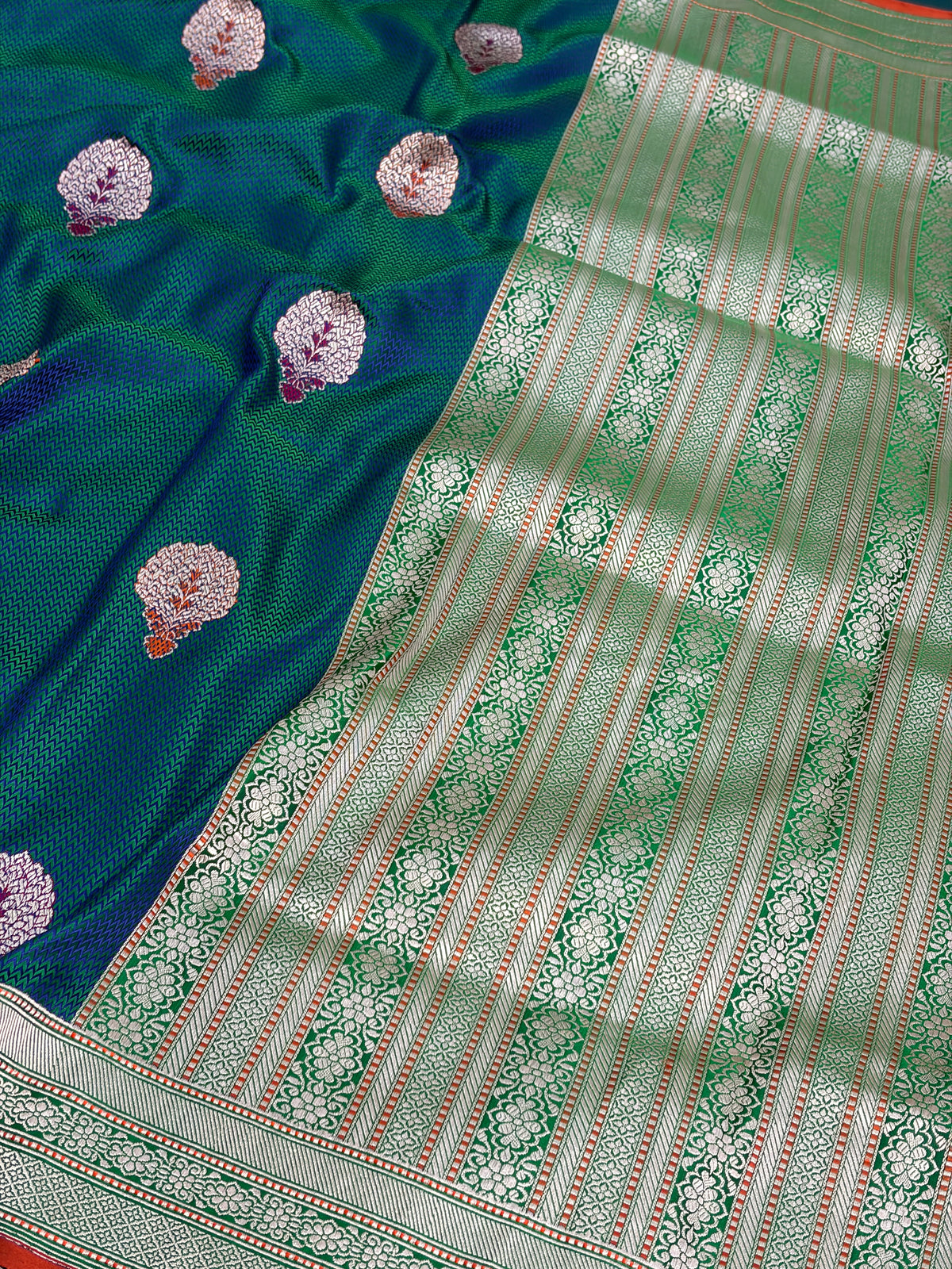 Peacock Blue Handwoven Pure Banarasi Satin Silk Saree