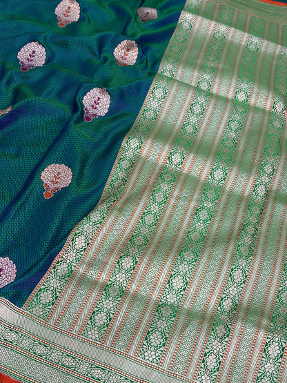 Peacock Blue Handwoven Pure Banarasi Satin Silk Saree