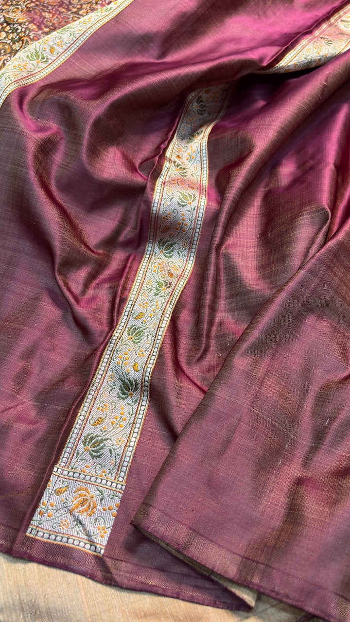Wine Pure Satin Silk Jamawar Handwoven Banarasi Saree