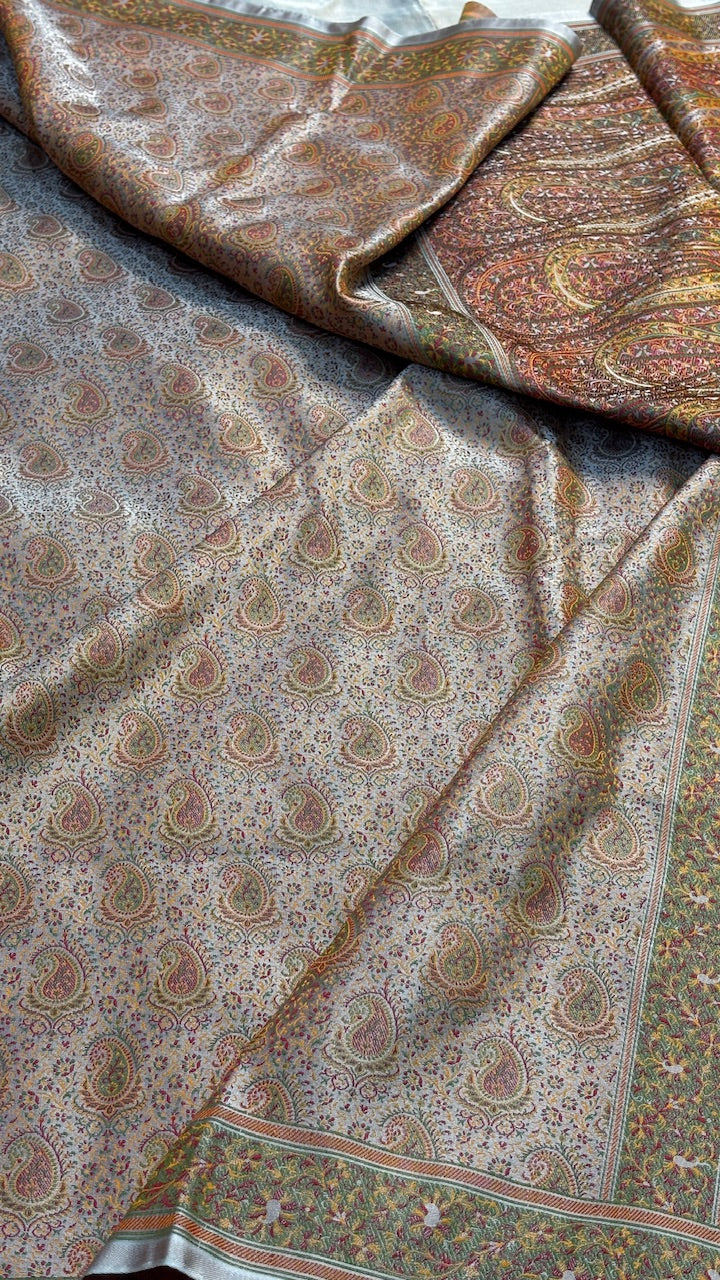 Silver Grey Pure Satin Silk Jamawar Handwoven Banarasi Saree