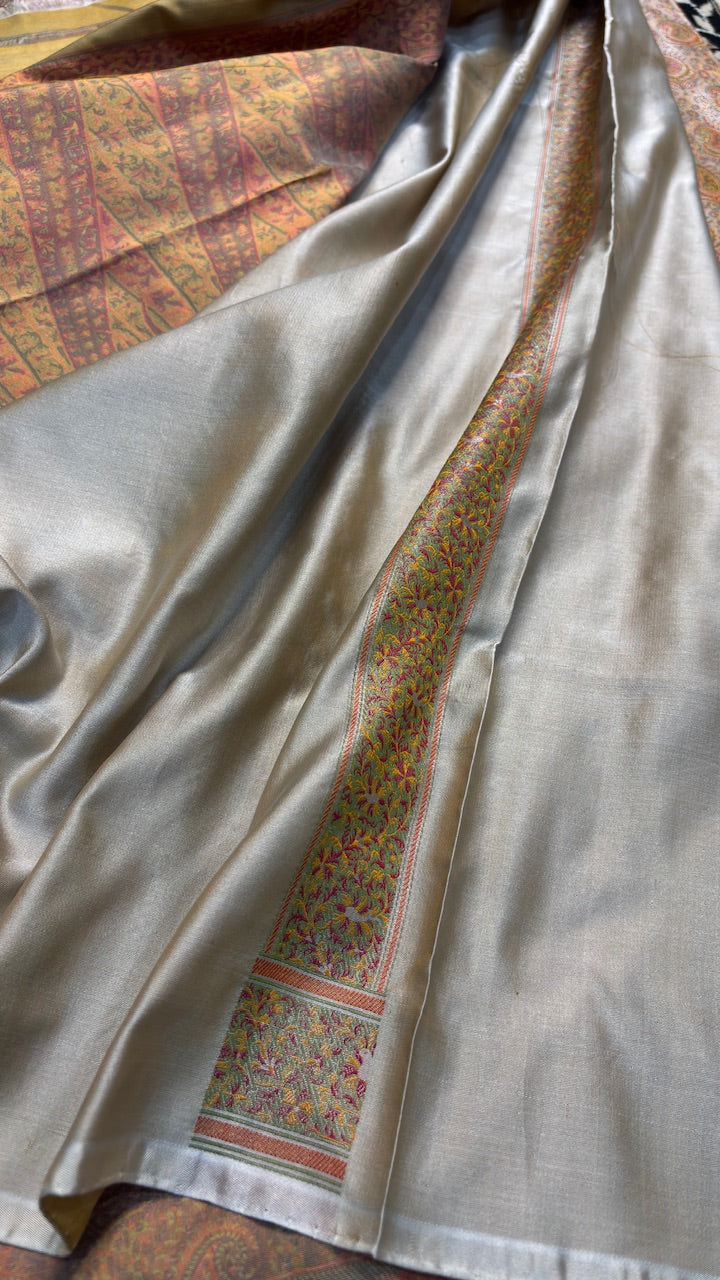 Silver Grey Pure Satin Silk Jamawar Handwoven Banarasi Saree