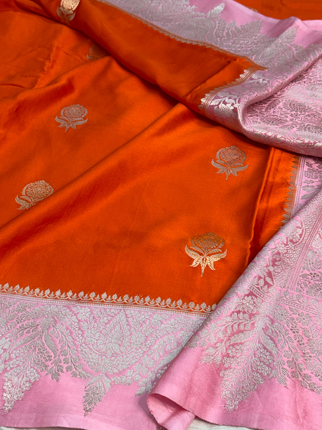 Orange Handwoven Pure Banarasi Mashru Satin Silk Saree