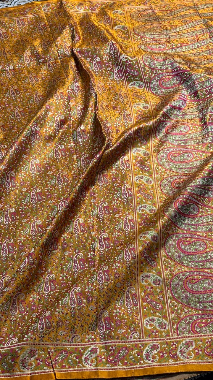 Gold Pure Satin Silk Jamawar Handwoven Banarasi Saree