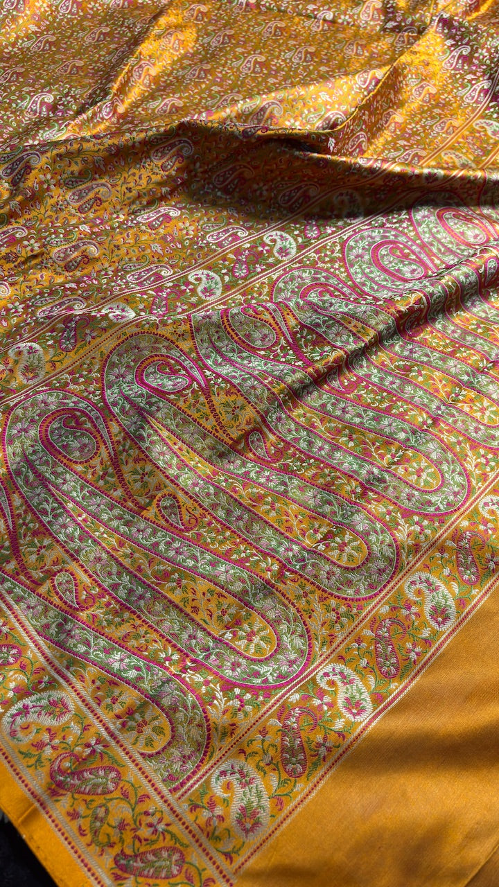 Gold Pure Satin Silk Jamawar Handwoven Banarasi Saree