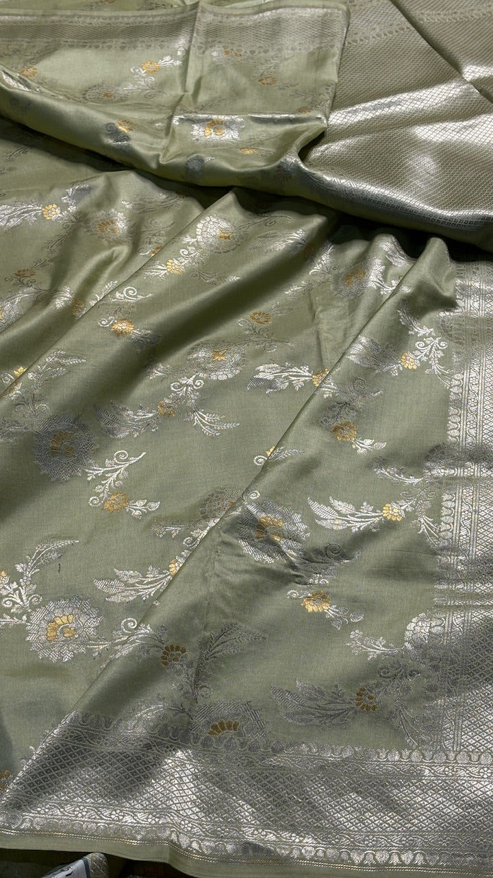 Dusty Olive Green Pure Banarasi Katan Silk Saree