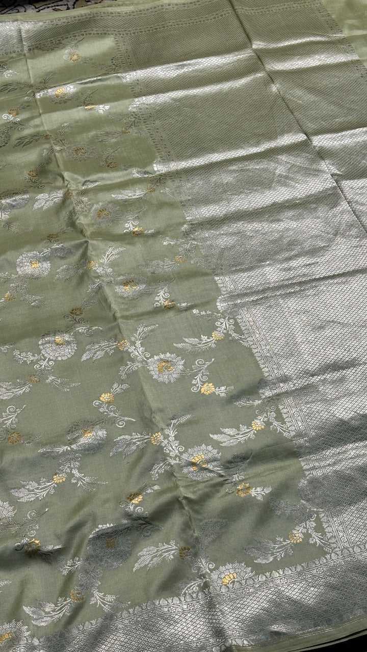 Dusty Olive Green Pure Banarasi Katan Silk Saree