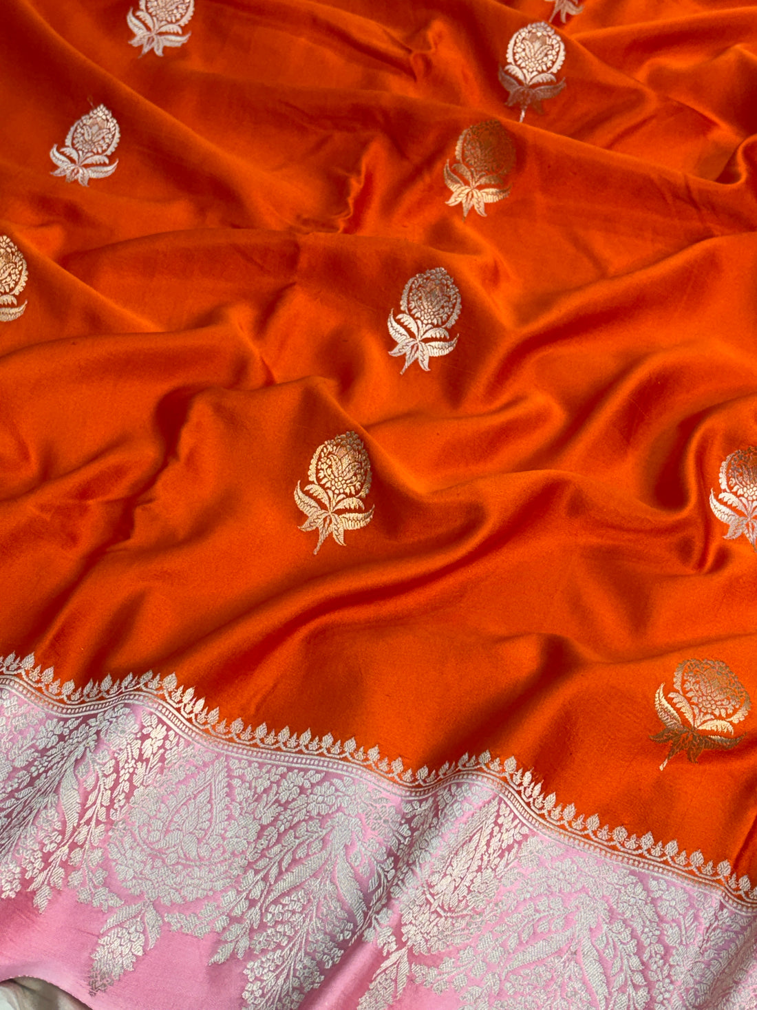 Orange Handwoven Pure Banarasi Mashru Satin Silk Saree