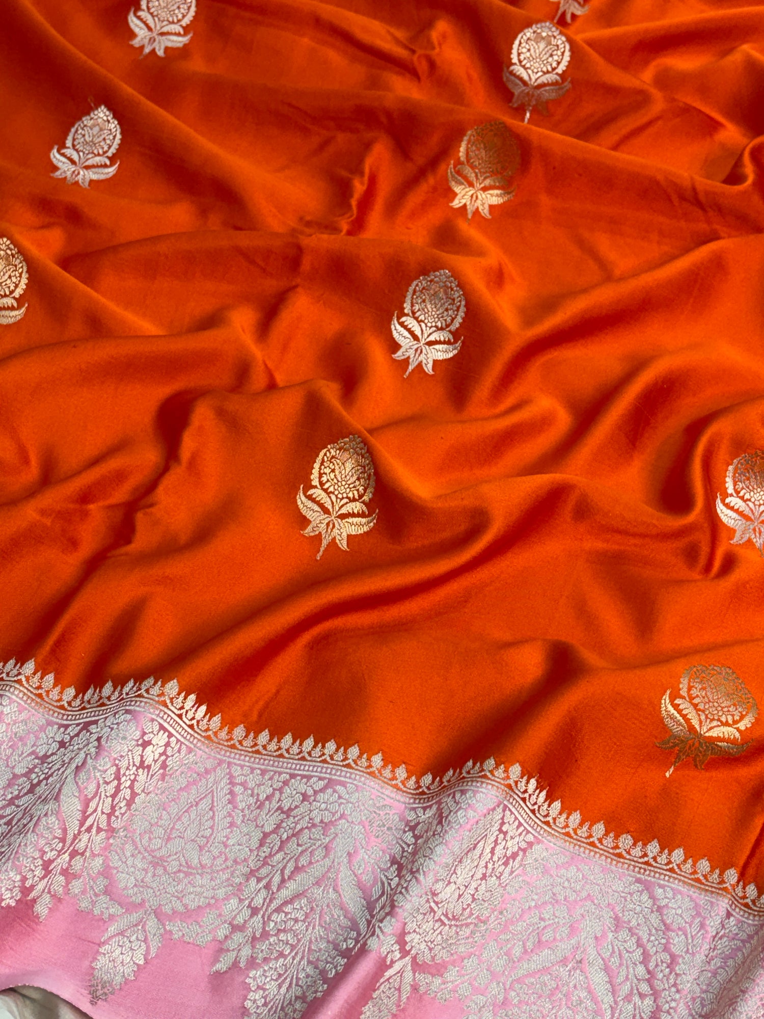 Orange Handwoven Pure Banarasi Mashru Satin Silk Saree