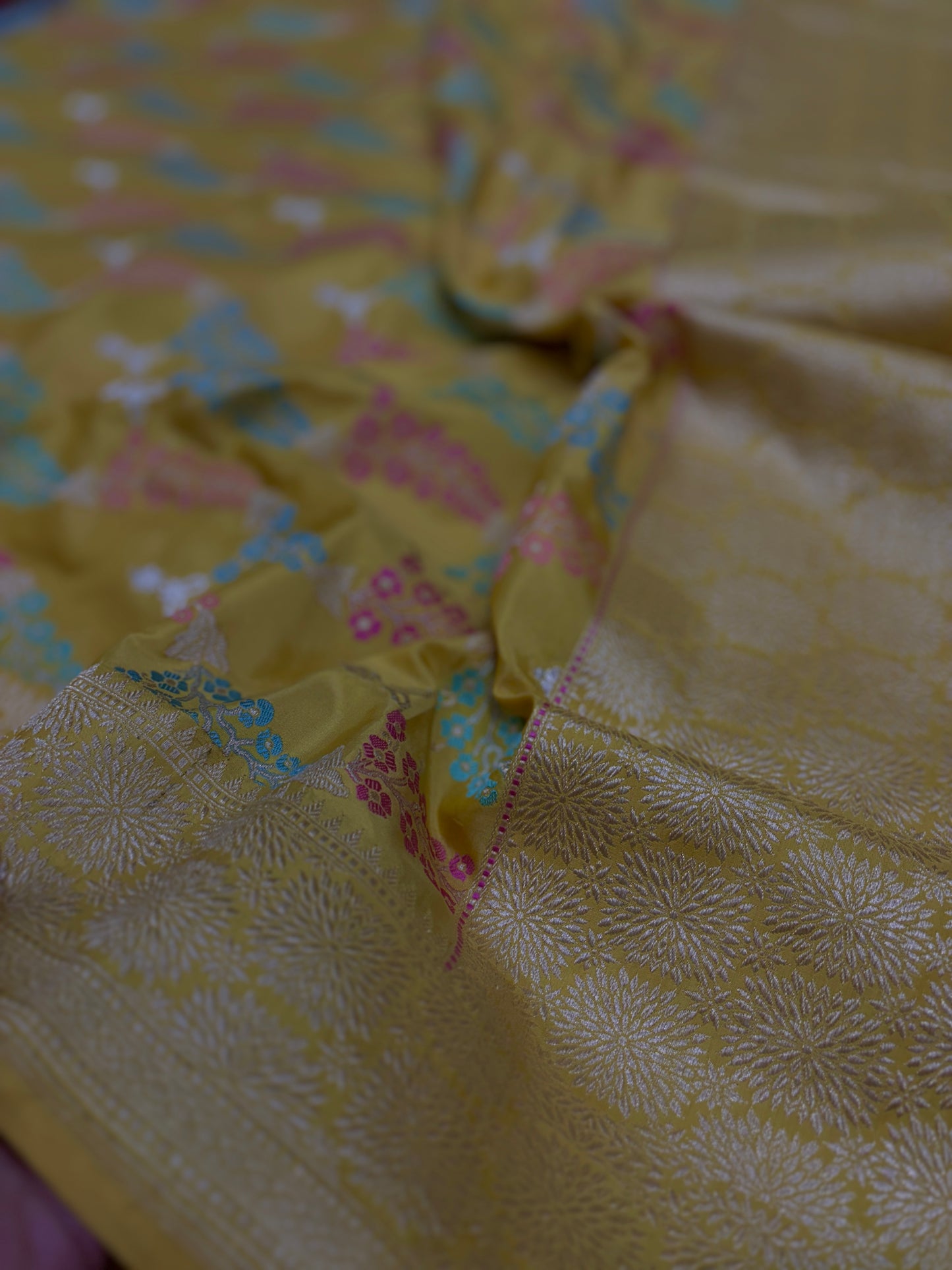 Luxury Handwoven Pure Katan Silk Jaal Saree in Tilfi Minakari Work